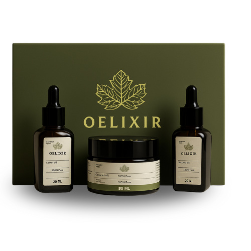 Oelixir combo box with coconut & sesame oil for skin and hair care.